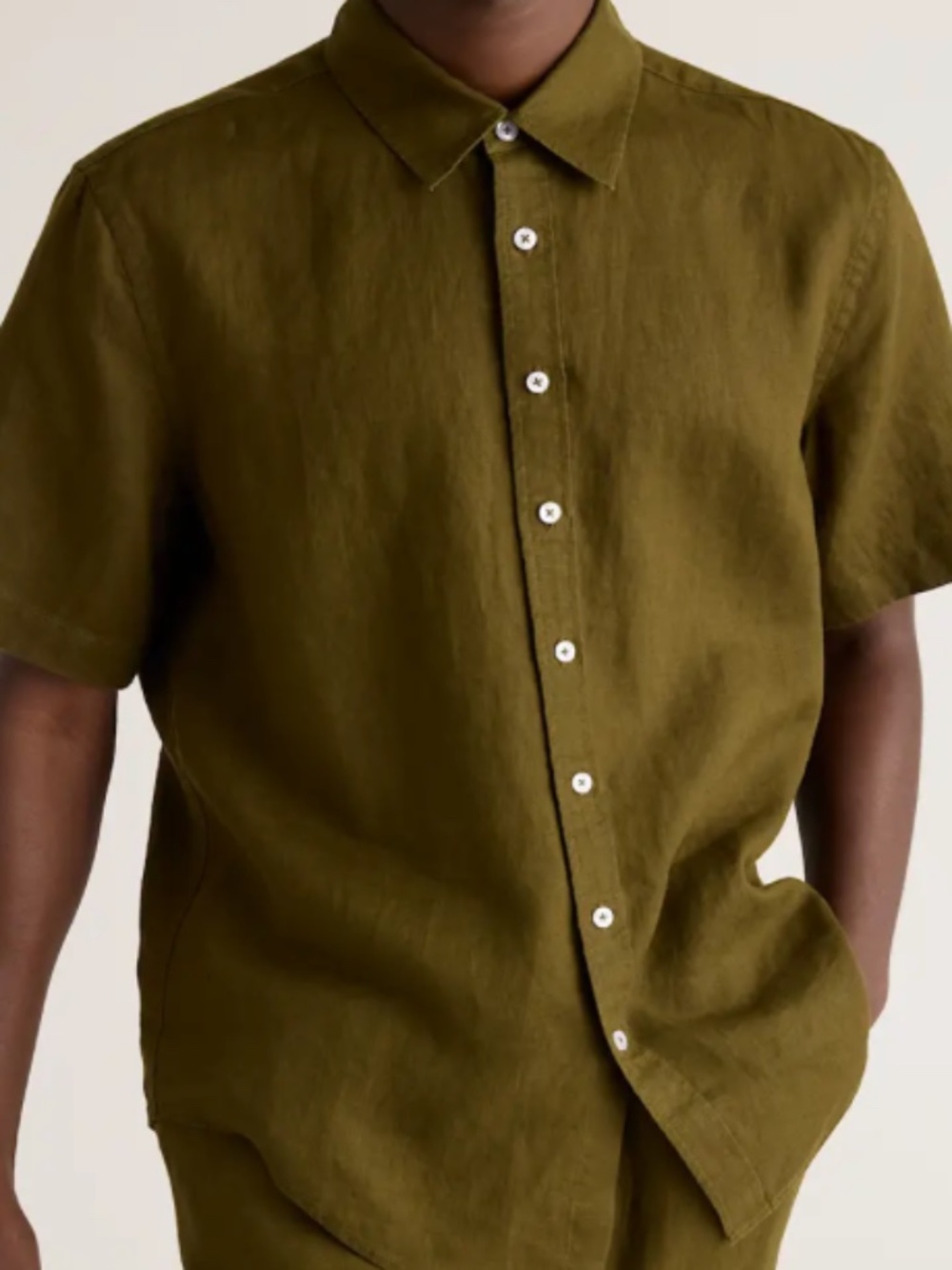 Quince Mens 100% European Linen Relaxed Short Sleeve Shirt - L - Martini Olive
